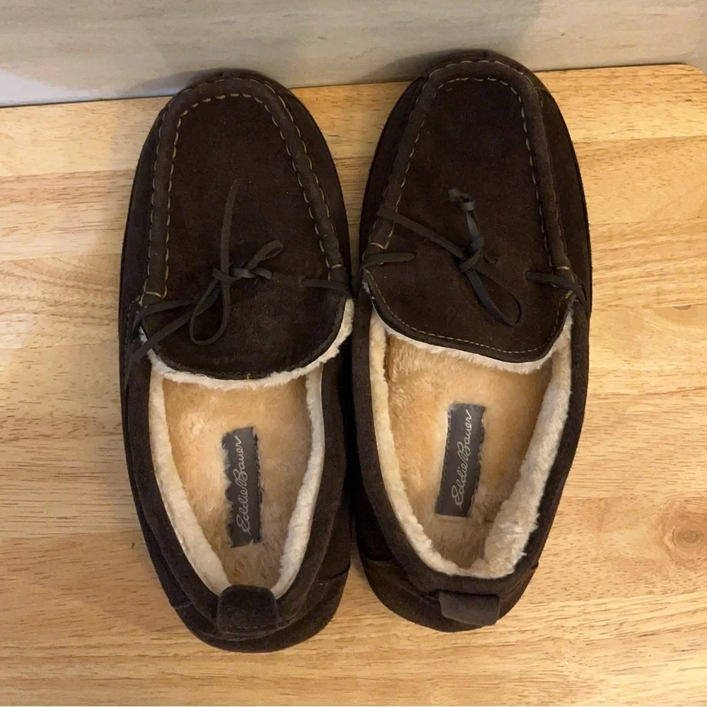 Eddie Bauer men's faux-fur lined moccasin slippers in dark brown suede
